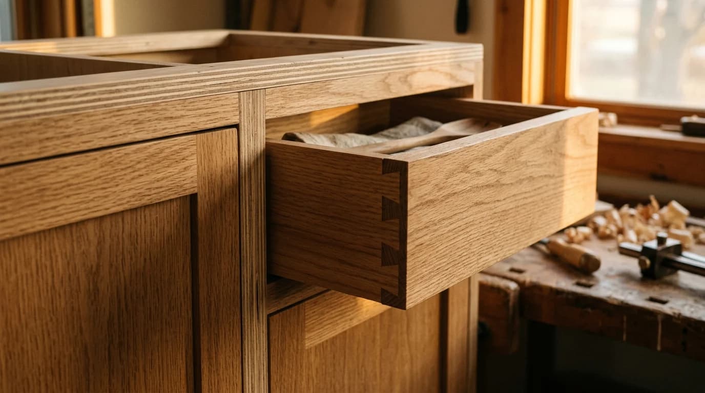 An honest plywood cabinet with a dovetailed solid-wood drawer in warm workshop light