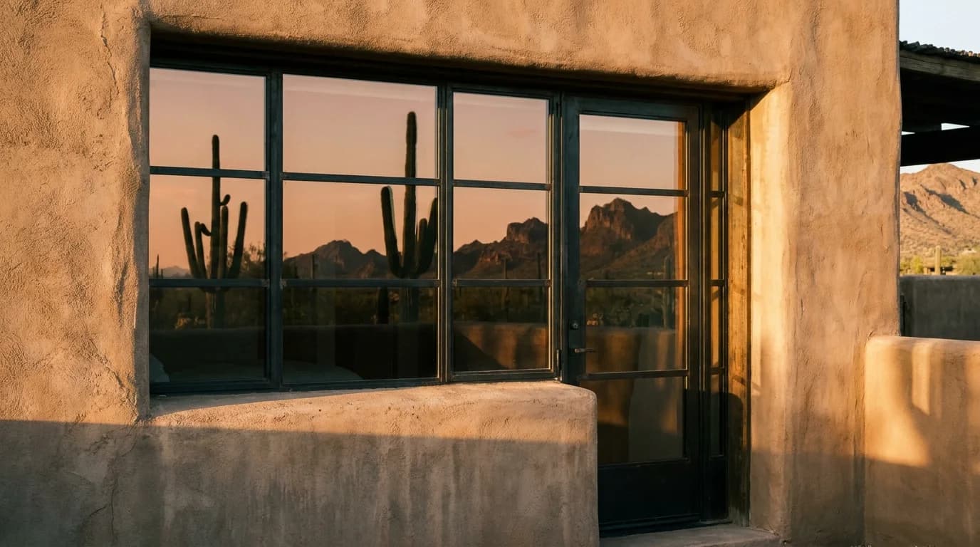 Steel-framed windows and a glass door in an adobe wall with the desert beyond