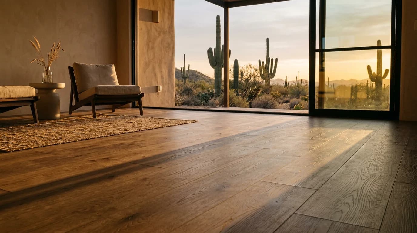 Wide-plank LVP flooring glowing in golden-hour light in a Sonoran room