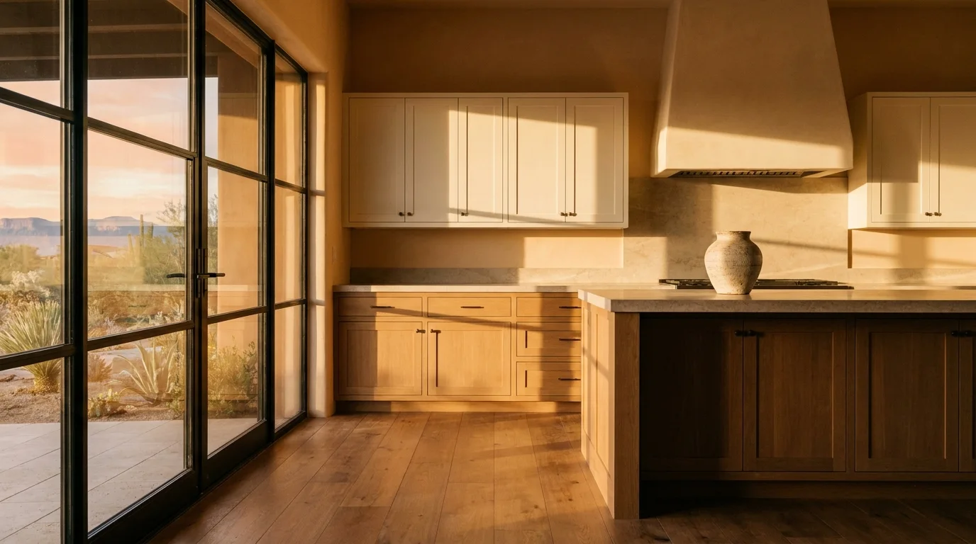 Finished Sonoran desert kitchen at golden hour with warm oak shaker cabinets and a wide-plank wood floor