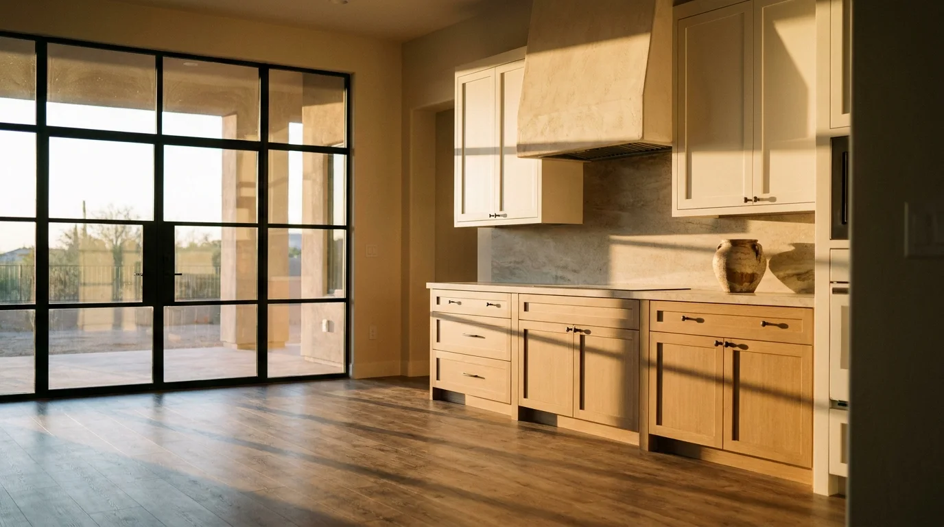 Finished desert kitchen with warm oak plywood cabinets