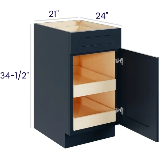 Navy Blue Shaker Single Door Single Drawer Bases With Two Rollout
