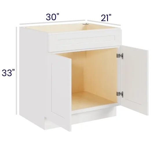 White Shaker Vanity Sink Base · Double Door Single Drawer Front